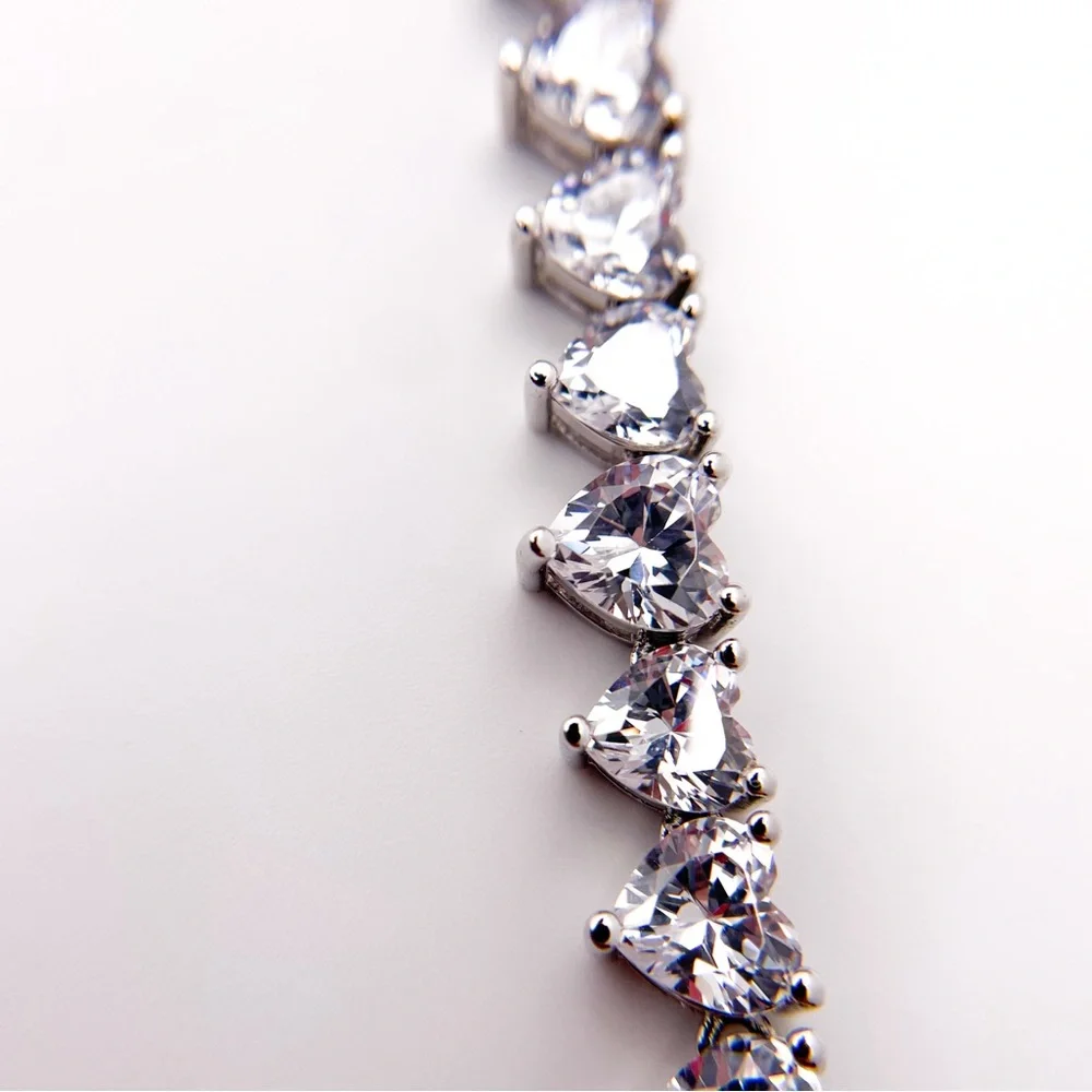 Silver Toned Heart Shaped Cubic Zirconia Tennis Necklace. 22 Inches. - Picture 13 of 13